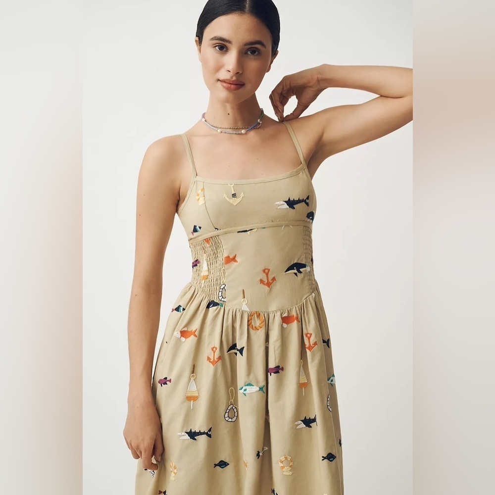 NWT! Maeve Sleeveless Square-Neck Drop-Waist Midi Dress Fish Embroidered 🖼️🎢 - Picture 2 of 5